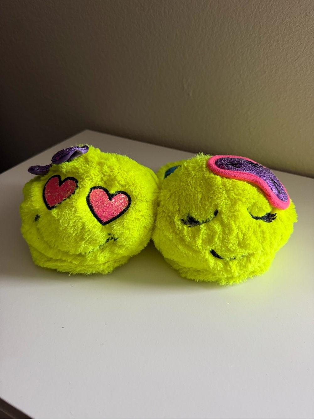 Justice Neon Yellow Emoji Pom-Pom Mittens with Pink Heart Accent